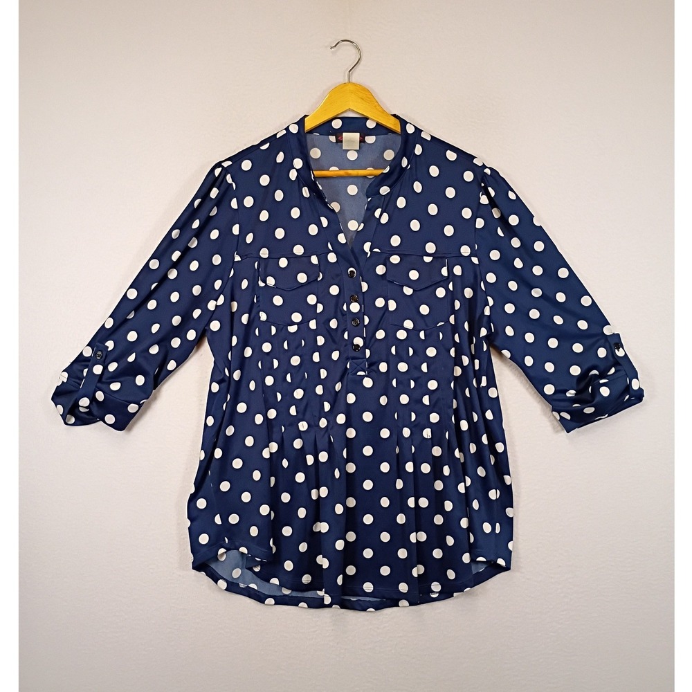 Retro Cocomo Womens XL Navy Blue Polka Dot Roll-Tab Sleeve Henley Blouse